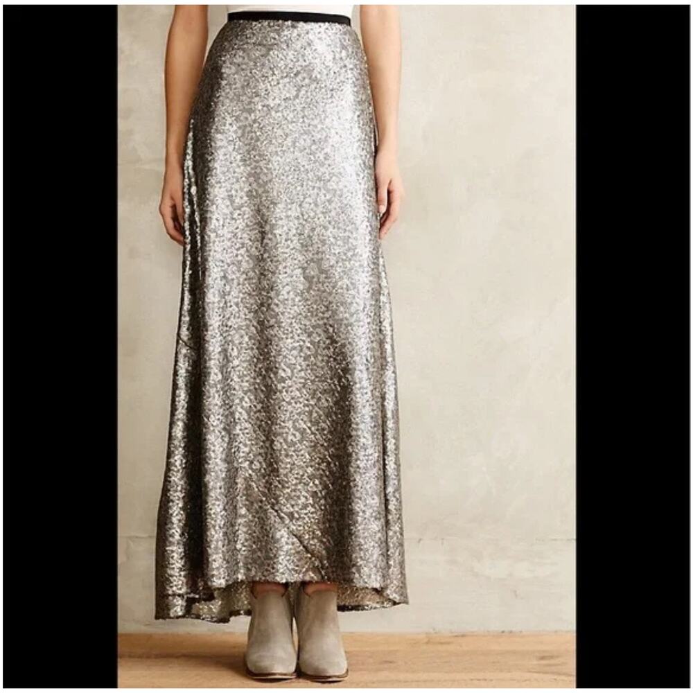 Anthropologie Corey Lynn Calter Liza Maxi Skirt Silver Sequined Size 2 Cocktail